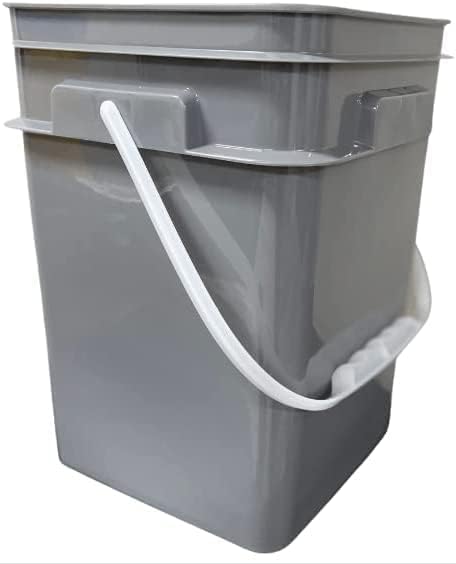 House Naturals 4 Gallon Square Food Grade Bucket Pail with Plastic Handles and Lid (Pack of 3) Made in USA containers (Gray Buckets-Green lids)