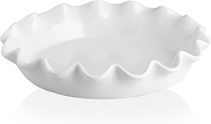 Sweejar Ceramic 11.5 Inches Pie Pan for Baking, Deep and Fluted Porcelain Round Pie Dish, Non-Stick Pie Plate for Pumpkin Pie, Apple Pie, Pie Pots with Morden Farmhouse Design(White)