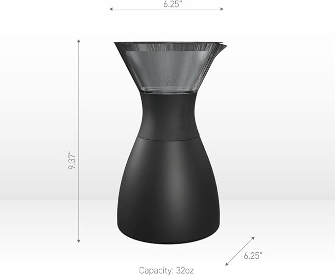 asobu Black Insulated Pour Over Coffee Maker (32 oz.) Double-Wall Vacuum, Stainless-Steel Filter, Stays Hot Up to 12 Hours (Black)