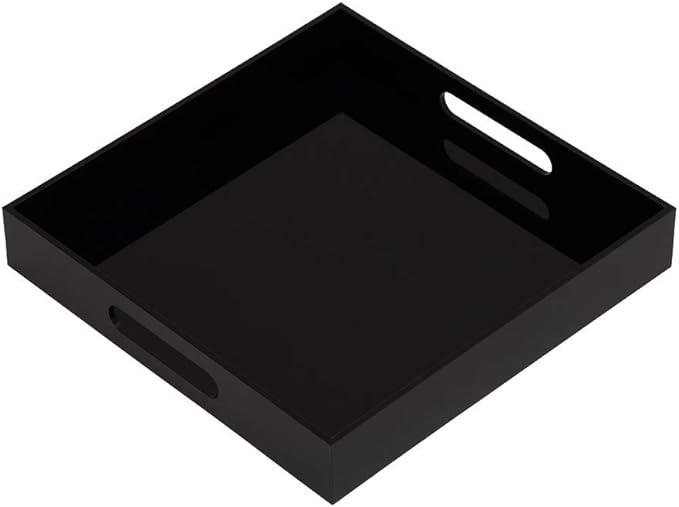 Glossy Black Sturdy Acrylic Serving Tray with Handles - 12x12 Inch Multipurpose Tray for Coffee, Appetizers, Breakfast, and More