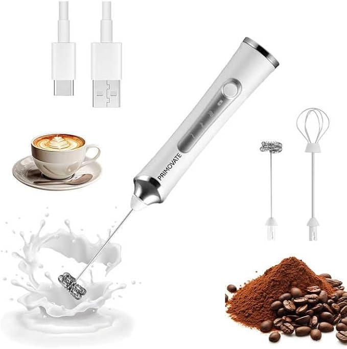 Rechargable Milk Frother, Handheld Drink Mixer with Whisk Attachment, 2025 upgraded, powerfull 3 speed motor, Type C charging with charge light, with extra egg mix head (Black with Stand)