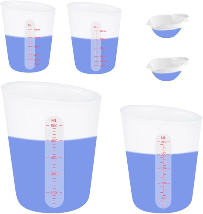 6 PCS Silicone Cup Set, 500ml, 250ml and 125ml for Epoxy Silicone Measuring Cups, Non-Stick Mixing Cups, Casting Molds, Jewelry Making, Silicone Measuring Cups with Marking Ounces/ml