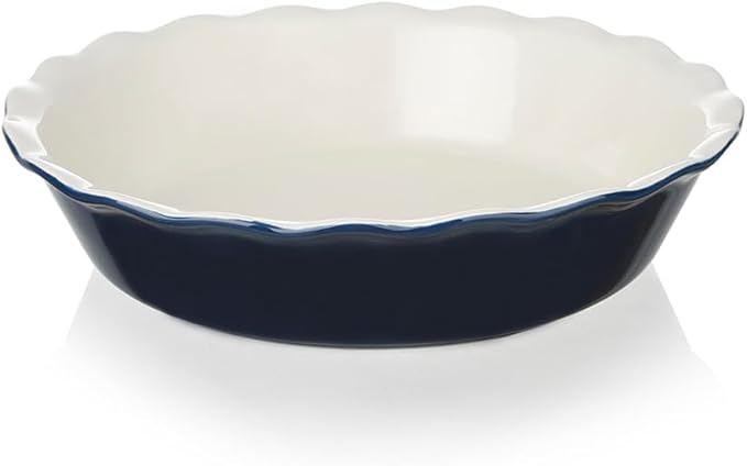 Sweejar Ceramic Pie Pan, 10 Inches Round Baking Dish for Dinner, Non-Stick Plate With Soft Wave Edge for Apple, Pumpkin, Pot Pies (Navy)