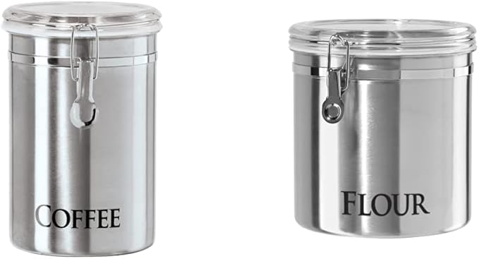 OGGI Stainless Steel Canister 62oz - Airtight Clamp Lid, Clear See-Thru Top. Large Size 5" x 7.5" & Jumbo 8" Stainless Steel Flour Clamp Canister - Airtight Food Storage Container Ideal, Dry Foods