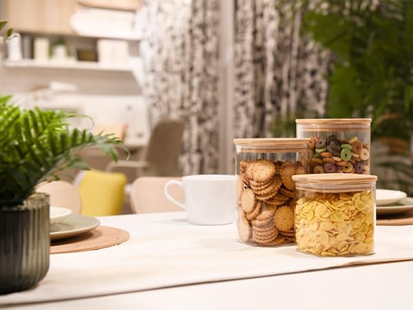 Glass Food Storage Jars Square 24oz, 4 Pack Glass Jars With Bamboo Lids, Kitchen Storage Containers For Spice, Candy, Cookie, Storage For Pantry Organizers