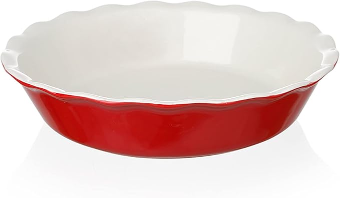 Sweejar Ceramic Pie Pan - 10 Inch Round Baking Dish for Dinner, Non-Stick with Soft Wave Edge for Apple, Pumpkin, Pot Pies (Red)