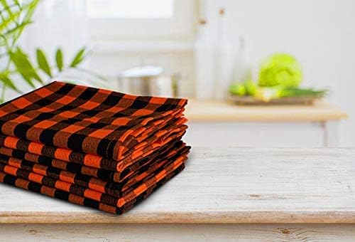Urban Villa Halloween Cloth Napkins Back Orange Checks Dinner Napkins 20''x20'' (Set of 12) 100% Cotton Absorbent Napkins Soft Durable Reusable Washable Ideal for Events Parties Everyday use