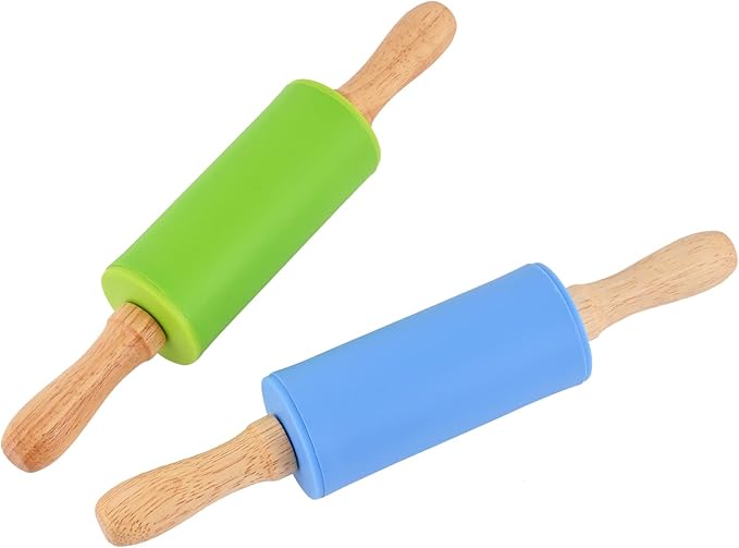 Mini Silicone Rolling Pin for Kids, Non-stick Surface Wood Handle, 9 Inch 2 Pack