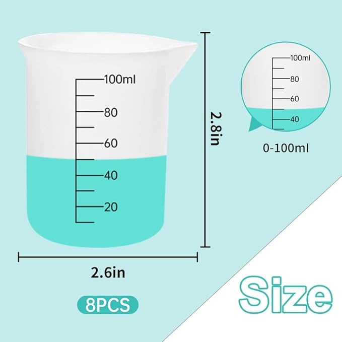 8 PCS Silicone Measuring Cups Kits,Silicone Measuring Cup,100ml Non-Stick Mixing Cups,Precise Scale,Durable Easy Clean for Epoxy Resin,Stain Jewelry Making,Casting Molds, Waxing,DIY, Art,Craft