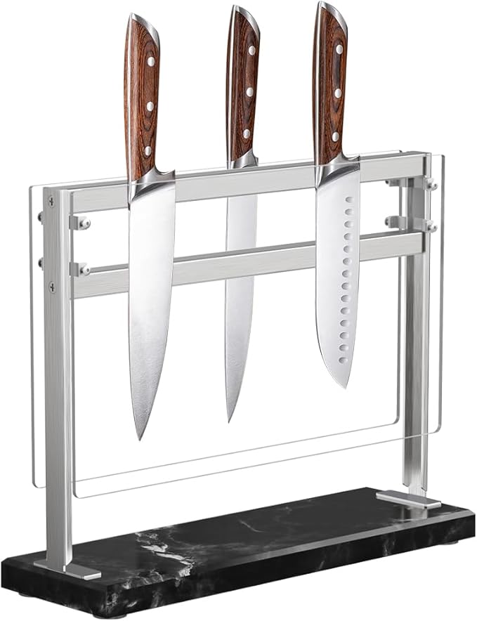 YIIYIIN Magnetic Knife Block with Acrylic Shield - Marble Based Double Side Magnetic Knife Stand - Kitchen Magnetic Knife Holder - Knife Storage - Knife Holders for Counter Top - Black