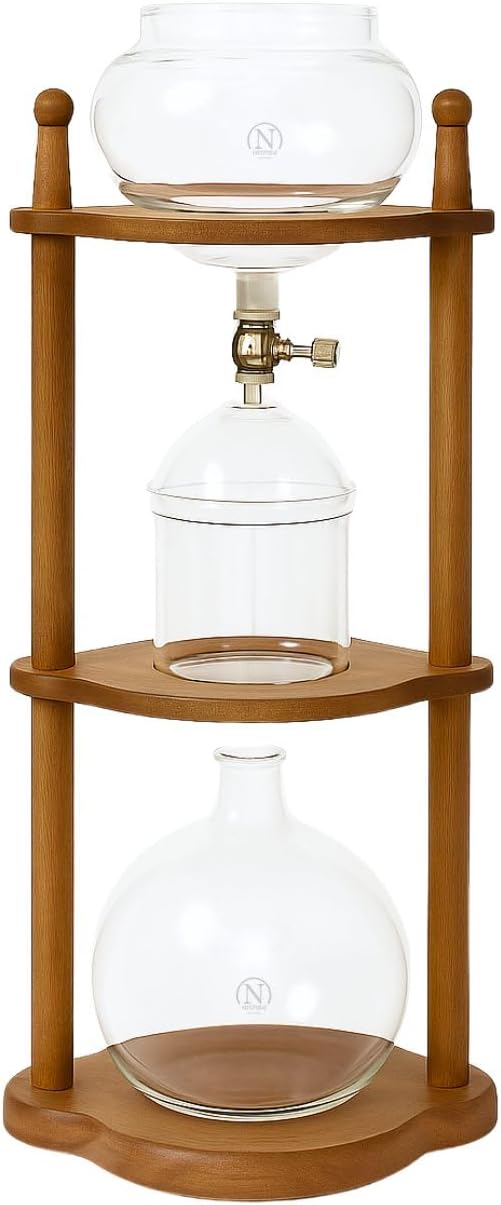 Nispira Cold Brew coffee Maker Ice Coffee Drip Machine with Advanced Slow Drip Technology Borosilicate Glass with Wood Tower, 6-8 Cup, Brown