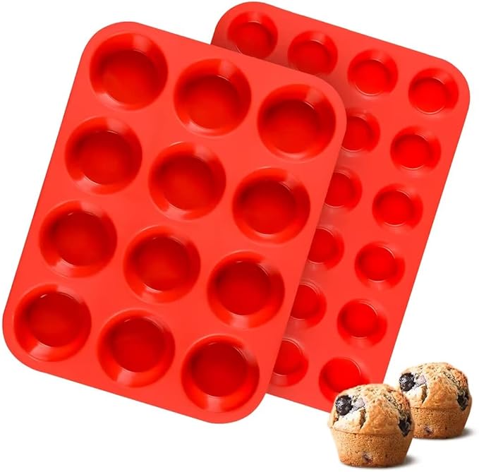 Silicone Muffin Pan, Mini Muffin Pan, Regular 12 Cups and Mini 24 Cups Cupcake Tin Set of 2 for Baking Egg Bites