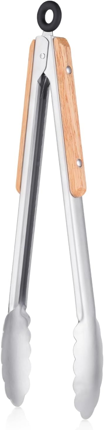 Premium Metal Kitchen Tongs for Cooking - Heat Resistant 1100°F Stainless Steel Tongs with Comfortable Wooden Grips - Perfect for Grill, Salad, Toaster, Cooking, and Serving Food (12-inch)