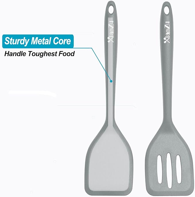 Silicone Spatula Turner Set, High Heat Resistant Spatulas with Seamless One Piece Design, Nonstick Rubber Flippers Utensils for Baking & Cooking,BPA-Free, 2 pack,Black (Grey)