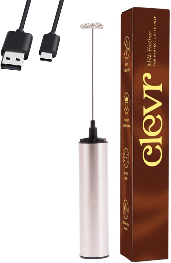 Clevr Blends Milk Frother, Hand Stirrer for Coffee, Matcha, Hot Chocolate, Protein Shake, Latte, Tea, Stainless Steel Rechargeable Handheld Whisk, Fast and Easy Frothing Wand, No Battery Needed