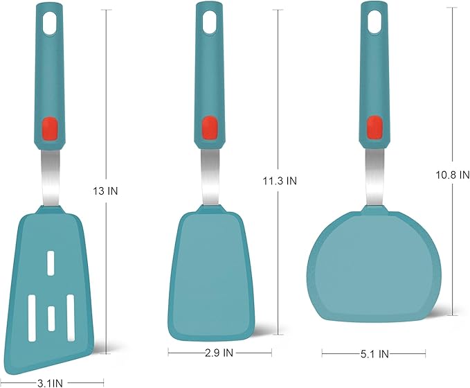 Beijiyi Silicone Spatula Turner Set of 3, 600°F Heat Resistant Nonstick Turner Spatulas for Kitchen Use, Large Flexible Silicone Cooking Utensils Rubber Spatula Set for Egg, Pancake, Fish (Blue)