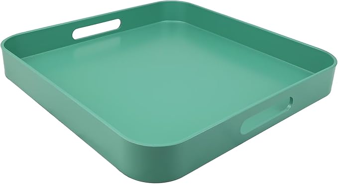Square Green Decorative Serving Tray with Handles, Versatile Ottoman Tray for Coffee Table, Entertaining, Outdoor Patio, Living Room, 13”*13”*1.6”