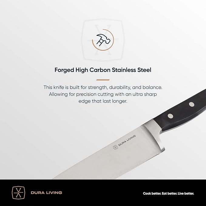 DURA LIVING 8 Inch Professional Chef Knife – High Carbon Stainless Steel, Razor-Sharp, Versatile Cooking & Cutting Kitchen Knife, Ergonomic Handle, Sleek Black Design