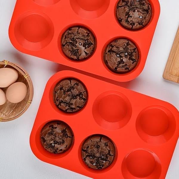 Silicone Jumbo Muffin Pan, 3.5 Inch Silicone Texas Muffin Pan 6 Cup Large Cupcake Pan Nonstick BPA Free 2 Pack Red