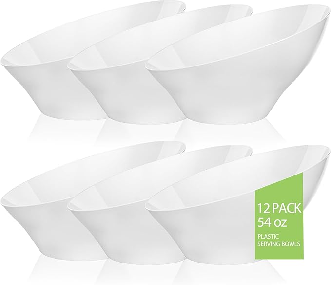 BESTVIP 54oz White Plastic Serving Bowls for Party - 12 Pack Angled Disposable Serving Bowls, Party Bowls for Chips, Snacks, Fruit, Salad - Bowls for Parties, Daily Use,Halloween, Christmas