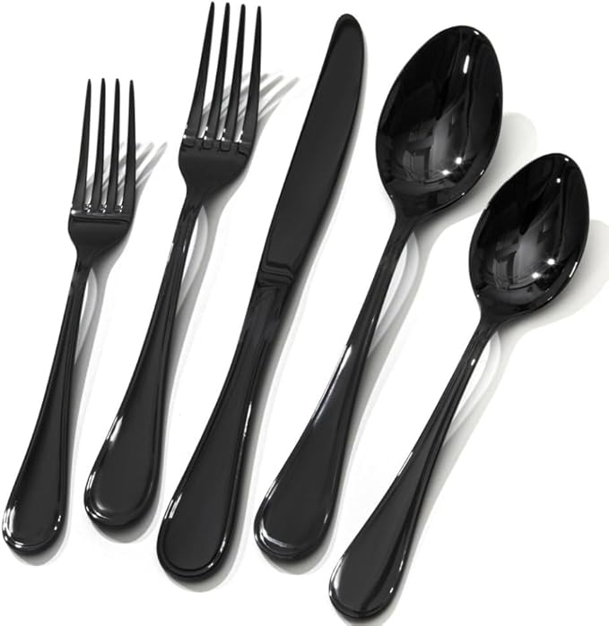 KINGSTONE 60 Piece Teardrop Silverware Set for 12, 18/10 Stainless Steel Flatware Set, Modern Design Cutlery Set for Home/Hotel/Wedding,Mirror Polished and Dishwasher Safe, Black
