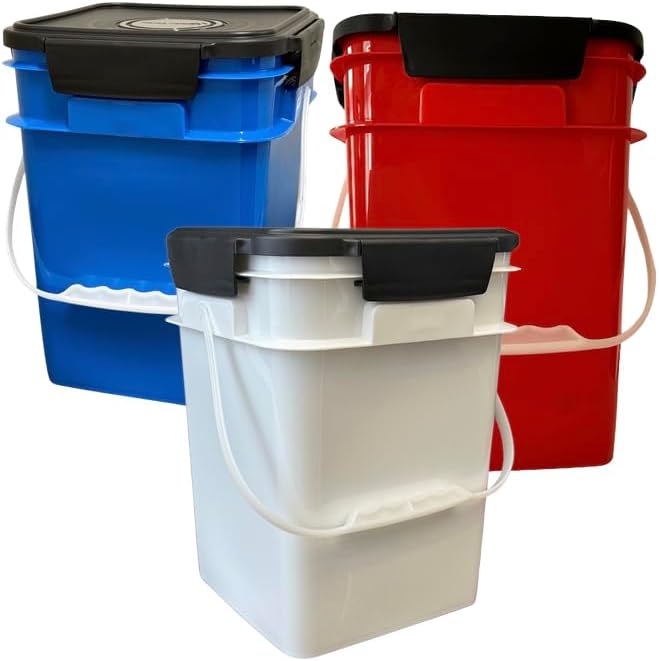House Naturals 4 Gallon Square Food Grade Bucket Pail with Plastic Handles and Lid (Pack of 3) Made in USA containers (Blue/Red/White)