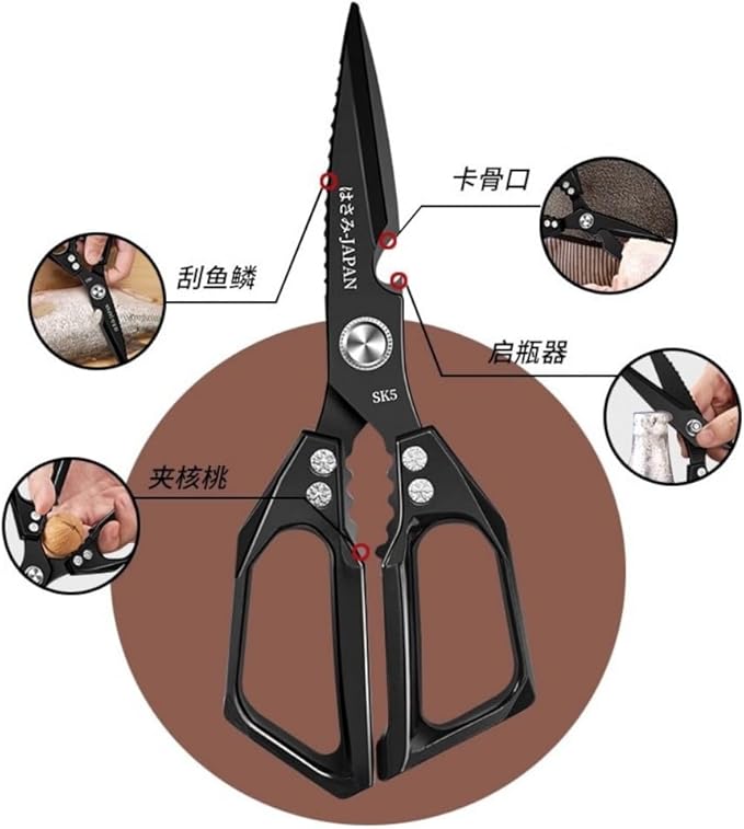 Multi-Purpose Kitchen Shears, SK5 Steel, Black with Protective Cover, Bottle Opener and Nutcracker