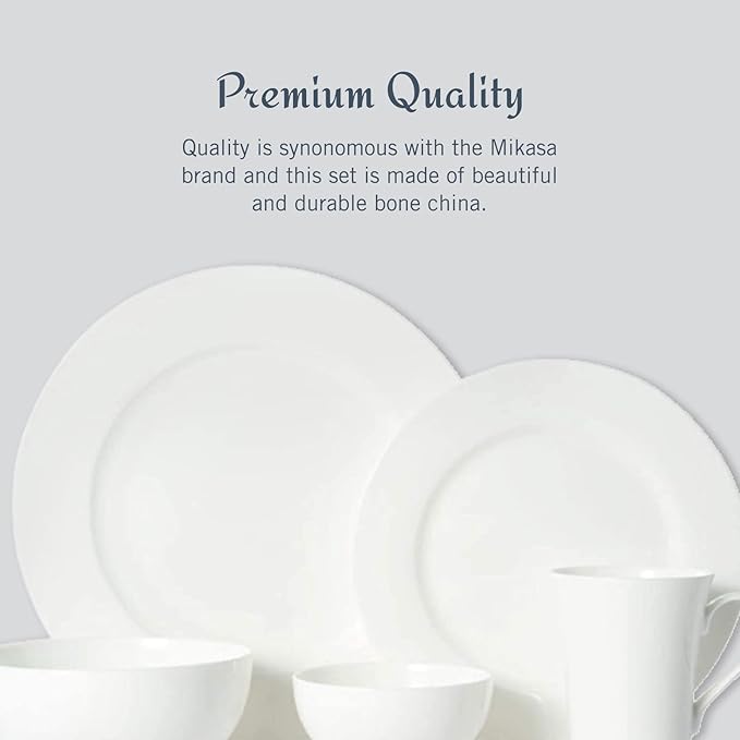 Mikasa Delray 40-Piece White Dinnerware Set, Service for 8, Durable Porcelain Plates, Bowls, and Mugs, Dishwasher and Microwave Safe