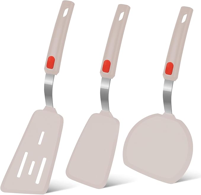 Beijiyi Silicone Spatula Turner Set of 3, 600°F Heat Resistant Nonstick Turner Spatulas for Kitchen Use, Large Flexible Silicone Cooking Utensils Rubber Spatula Set for Egg, Pancake, Fish (Khaki)