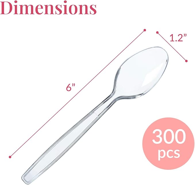Prestee 300 Clear Plastic Spoons Bulk - Durable Disposable Plastic Silverware Spoons - Heat-Resistant Spoon Cutlery - Heavy Duty Flatware Pack - Disposable Silverware Utensil Set for Hot and Cold Food