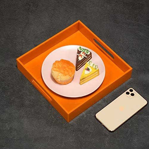 Orange Sturdy Acrylic Serving Tray with Handles-10x10Inch-Serving Coffee,Food,Breakfast,Butler-Kitchen Countertop Tray-Makeup Drawer Organizer-Vanity Table,Ottoman Tray-Decorative Tray