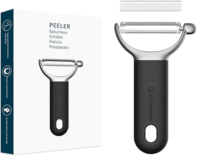 KITCHENDAO Swivel Vegetable Potato Peeler for Kitchen, Japanese Stainless Steel Sharp Blade, Heavy Duty Die-cast Construction Y Peeler, Built-in Eye Remover, Soft-touch Handle, Dishwasher Safe, Black