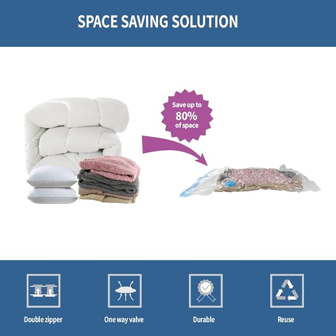 7 Pack Medium Space Saver Vacuum Storage Bags for Clothing Travel, Vacuum Seal Compression Bags for Clothes, Packing, Luggage, Blankets, Comforters and Pillows, Hand Pump Included