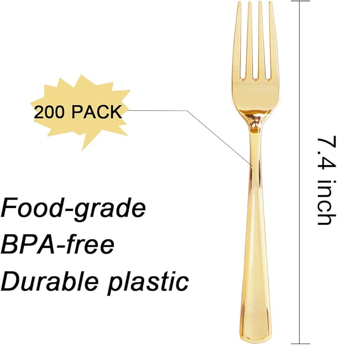 Liacere 200pcs Gold Plastic Forks - Heavyweight - 7.4 Inch Heavy Duty Forks - Gold Plastic Silverware Perfect For Parties & Weddings & Restaurants & New Year And Daily Using&Fall Decor