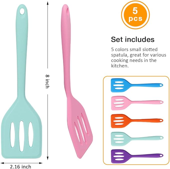 5 Pcs Small Silicone Spatula, Mini Slotted Turner, Small Serving Spatulas for Egg, Steak, Pancake