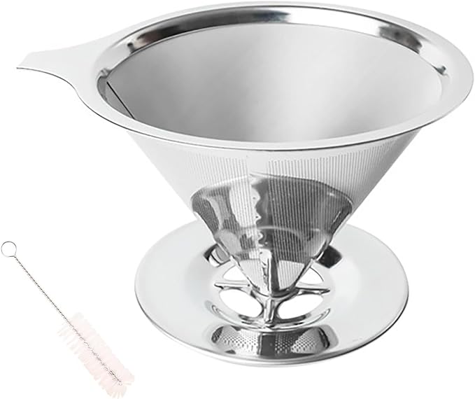 Pour Over Coffee Dripper Stainless Steel Coffee Filter Metal Cone Filter Extra Fine Wire Mesh Reusable Coffee Filter Coffee Maker (Silver, 1-2 Cups)