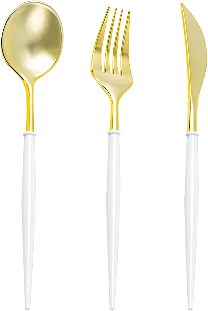 N9R 90PCS Gold Plastic Silverware - Gold Plastic Cutlery Set with White Handle, Heavy Duty Plastic Silverware with 30 Spoons, 30 Forks, 30 Knives - Perfect for Birthday Party, wedding and Everyday Use