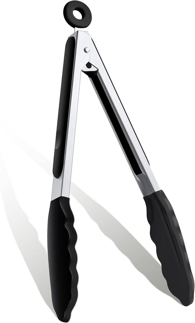 9 Inch Kitchen Tongs, Cooking Tongs with Silicone Tips and Stainless Steel Handle, Non Stick Heat Resistant Tongs for Cooking, Buffet, Salad Serving (9", Black)