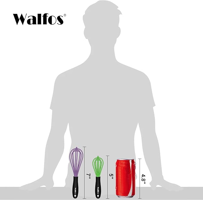 Walfos Whisk,5+7Inch Mini Whisks,Silicone Whisk Non Scratch whisk,Heat Resistant(480°F) Small whisks Suitable for stirring individual eggs and mixing small amounts of powder and sauce. Purple & Green