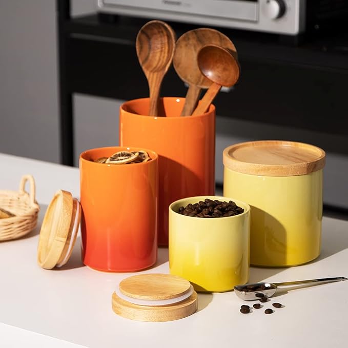 Sweejar Ceramic Food Storage Jar, Stackable Kitchen Canisters, Containers with Airtight Seal Wooden Lid for Serving Ground Coffee, Tea, Sugar, Salt and More - 28 Fl Oz (Gradient Orange)