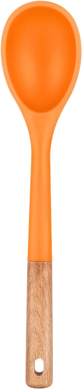 Large Silicone Cooking Spoons, Nonstick Solid Wooden Handle Spoon, Heat Resistan Silicone Kitchen Spoons for Cooking, Serving, Basting, Mixing, 13.2inch (ORANGE)