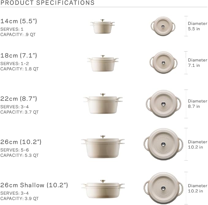 Vermicular Oven Pot | Non-Toxic Enameled Cast Iron Pot | 26cm (5.3 Qt) | Oven-safe | Induction-compatible | Dutch Oven | Made in Japan | Serves 5-6 | Natural Beige