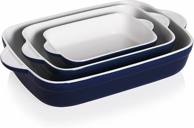 Sweejar Casserole Dishes for Oven, Ceramic Bakeware Set of 3, Lasagna Pan Deep with Handle, Rectangular Baking Pan Set, 9x13 Baking Dish for Cooking, Banquet and Daily Use (Navy)