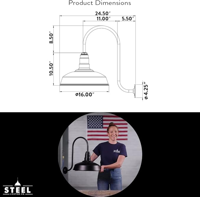 Steel Lighting Co. Gardena Barn Light | Outdoor Wall Mounted | 16" Dome | Upslope Gooseneck | Farmhouse Light Made in America | White Exterior/White Interior