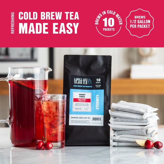 Tiesta Tea - Cherry Punch Cold Brew, Loose Leaf, Sweet Cherry Herbal Tea, Premium Iced, Non-Caffeinated Cold Brew Packets, Makes 64 oz of Pitcher Per Bag (Pack of 10)