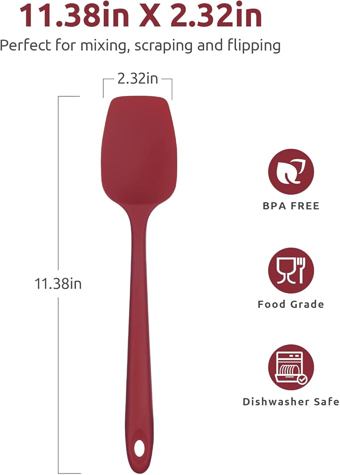 Heat Resistant Silicone Spoon Spatula: U-Taste 600ºF High Heat Flexible 11.38in Silicon Mixing Stirring Cooking Scraping Baking Bowl Scraper Seamless Spreader for Nonstick Cookware (Red)