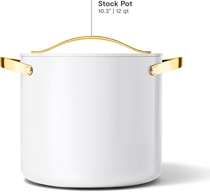 Caraway Stock Pot - 12 Qt Ceramic Coated Pot With Lid - Fee From Forever Chemicals - Large Pot for Bigger Batches - White