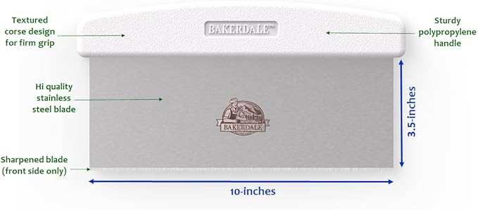 Bakerdale Large Bench/Dough/Cake Scraper, Icing Smoother Spreader, 10-inch Long Stainless Steel Blade, with white Polypropylene Handle