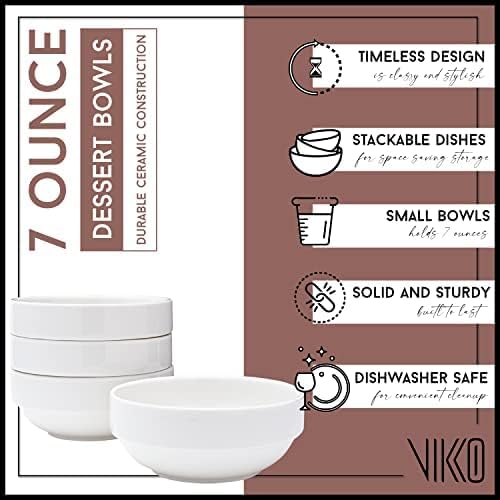 Vikko Small 7 Ounce White Bowl, Set of 6 White Dessert Bowls, Fine Porcelain, Stackable Small Snack Bowl, Dishwasher Safe