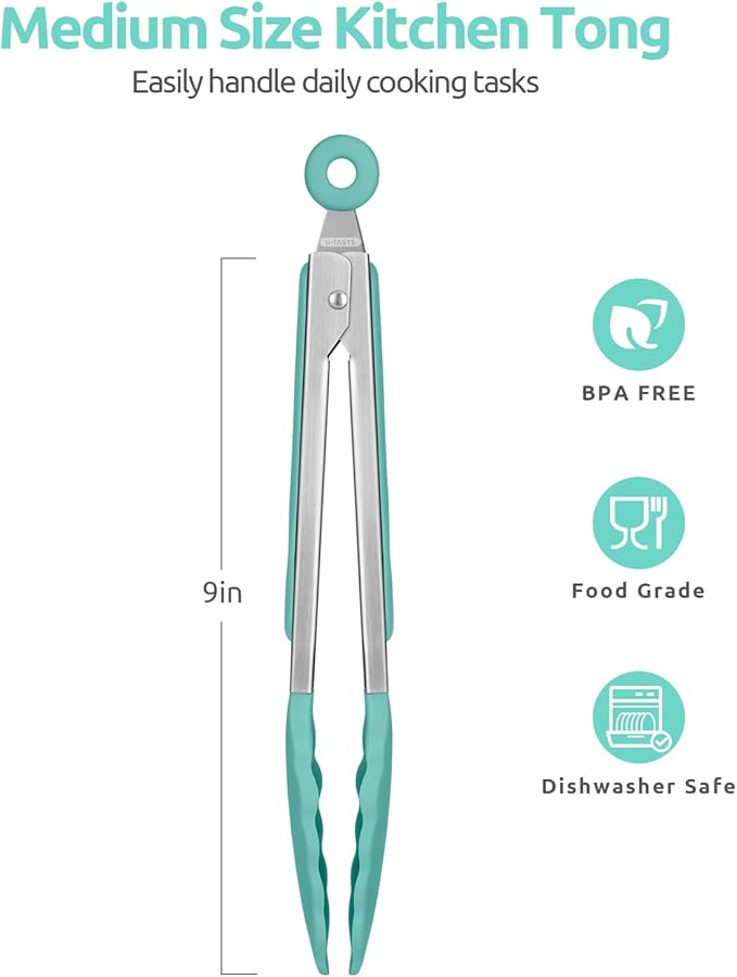 Heat Resistant Silicone Kitchen Tong: U-Taste 9 inch 480ºF Hot Proof Cooking Tong with Firm Sealed Non Stick Rubber Tips & Silicon Coated Steel Handle & Smooth Locking for Serving Grill Salad-Aqua Sky